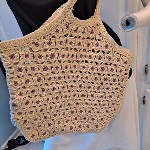 Artisan Cream and Purple Floral Crochet Tote Bag
